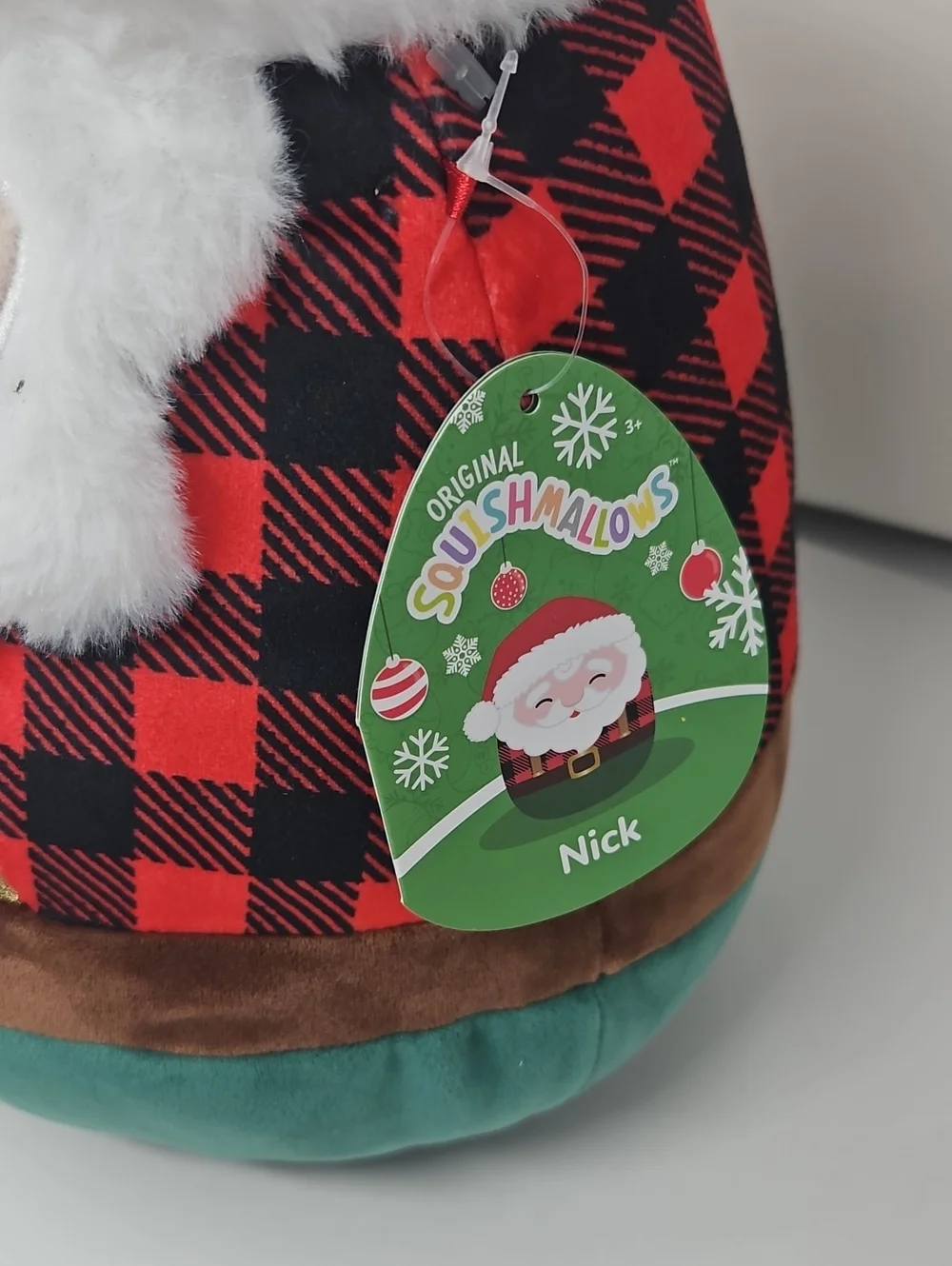 Squishmallows Nick The Santa Claus Teal Plaid Plush Faux Fur Trim